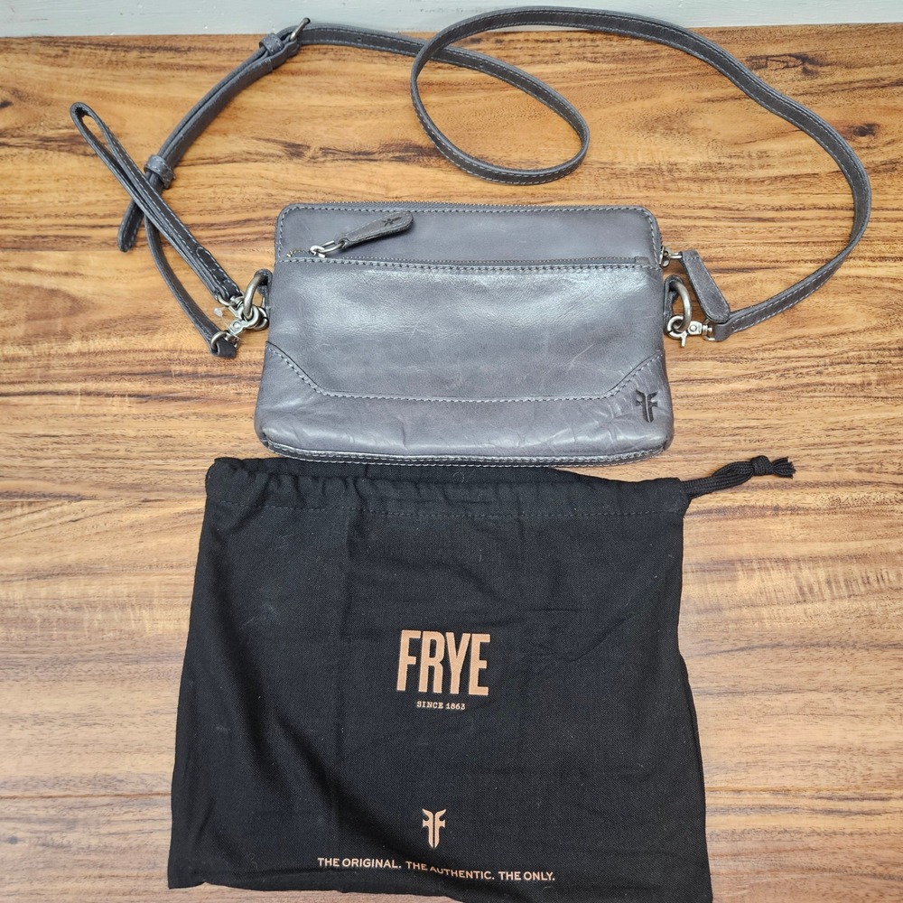 Frye Melissa Slate Grey Leather Crossbody Bag Small Clutch Zip Purse